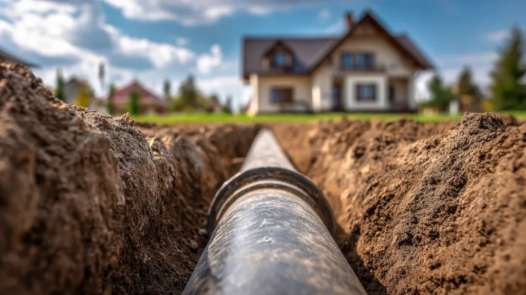 Underground pipe exposed in a trench beside a home